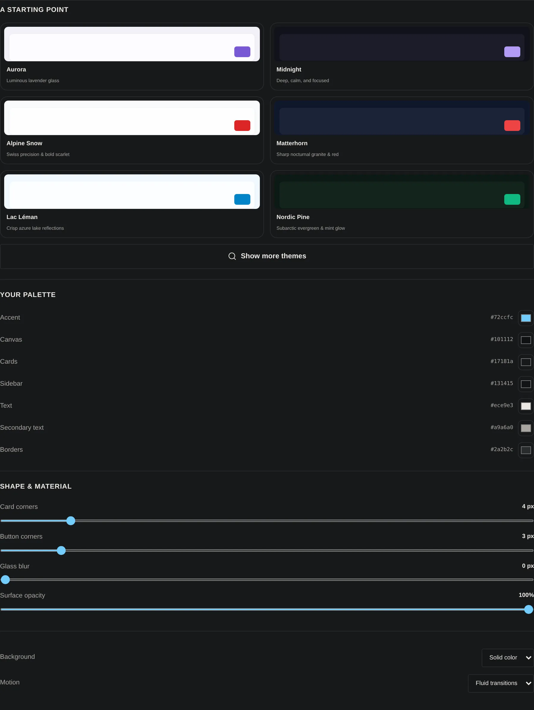 Theme settings, the real Gradus component, rendered in this page's colours